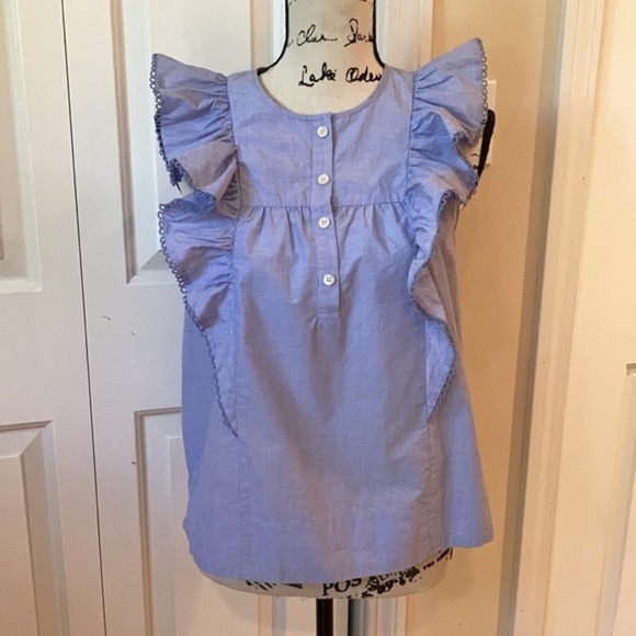 J. Crew ruffle front blue chambray blouse 4/6 - Picture 6 of 11
